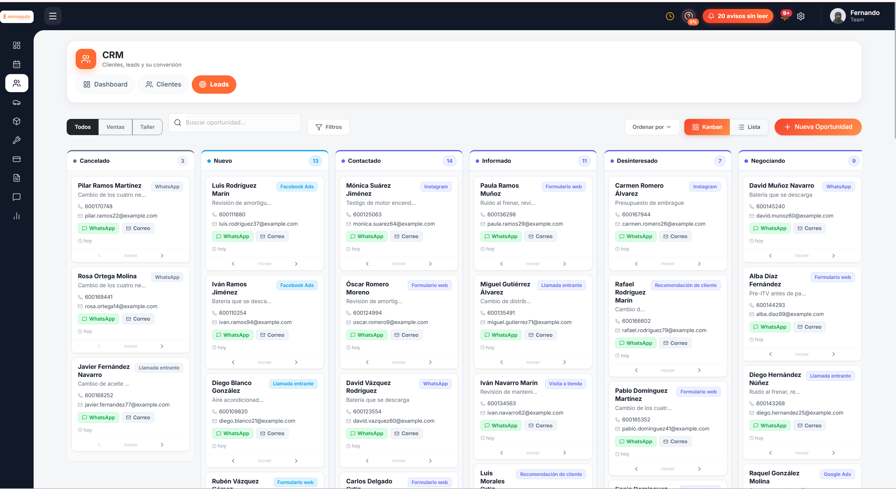 Tablero de leads por estado, cada uno con su origen: WhatsApp, Meta, formulario web o llamada